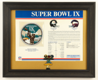 1975 Super Bowl IX "Steelers vs. Vikings" Custom Framed Commemorative Stat Card Display with Super Bowl IX Cloth Patch & Pin at PristineAuction.com