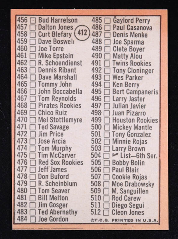 Mickey Mantle 1969 Topps Checklist 5 DP #412 at PristineAuction.com Mickey Mantle 1969 Topps Checklist 5 DP #412 at PristineAuction.com