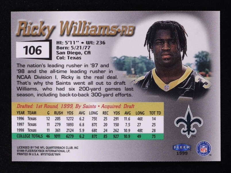 Ricky Williams 1999 Fleer Mystique #106 #2765/2999 RC at PristineAuction.com Ricky Williams 1999 Fleer Mystique #106 #2765/2999 RC at PristineAuction.com