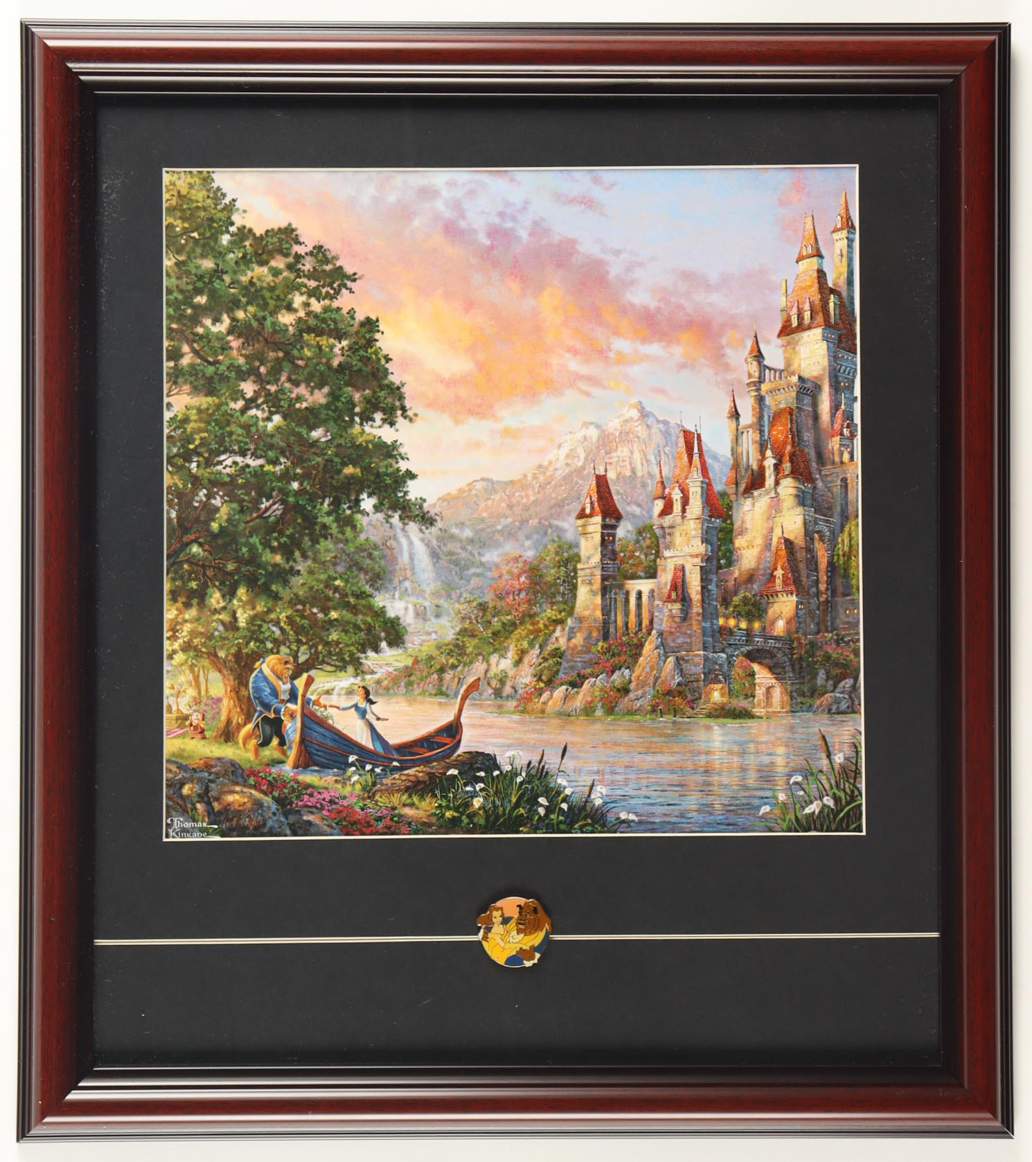 Thomas Kinkade "Beauty & The Beast" Custom Framed Print Display with Belle & Beast Pin at PristineAuction.com Thomas Kinkade "Beauty & The Beast" Custom Framed Print Display with Belle & Beast Pin at PristineAuction.com