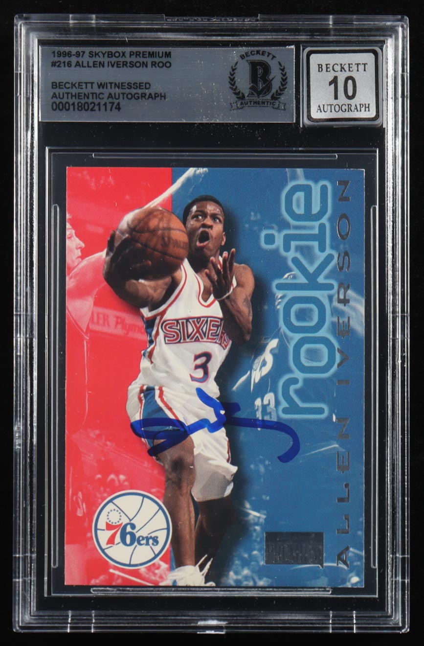 Allen Iverson Signed 1996-97 SkyBox Premium #216 ROO RC (BGS | Autograph Graded BGS 10) at PristineAuction.com Allen Iverson Signed 1996-97 SkyBox Premium #216 ROO RC (BGS | Autograph Graded BGS 10) at PristineAuction.com