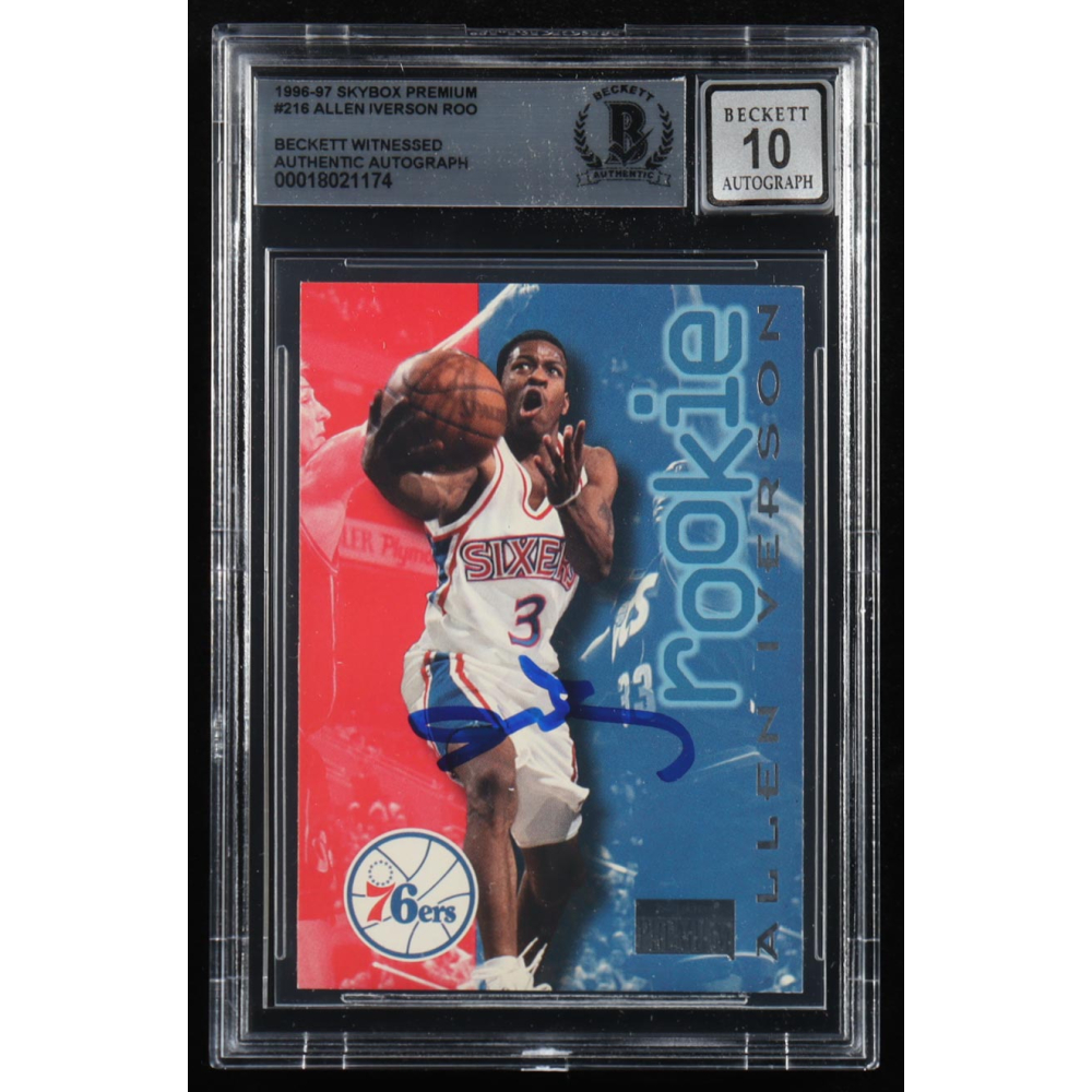 Allen Iverson Signed 1996-97 SkyBox Premium #216 ROO RC (BGS | Autograph Graded BGS 10) at PristineAuction.com Allen Iverson Signed 1996-97 SkyBox Premium #216 ROO RC (BGS | Autograph Graded BGS 10) at PristineAuction.com