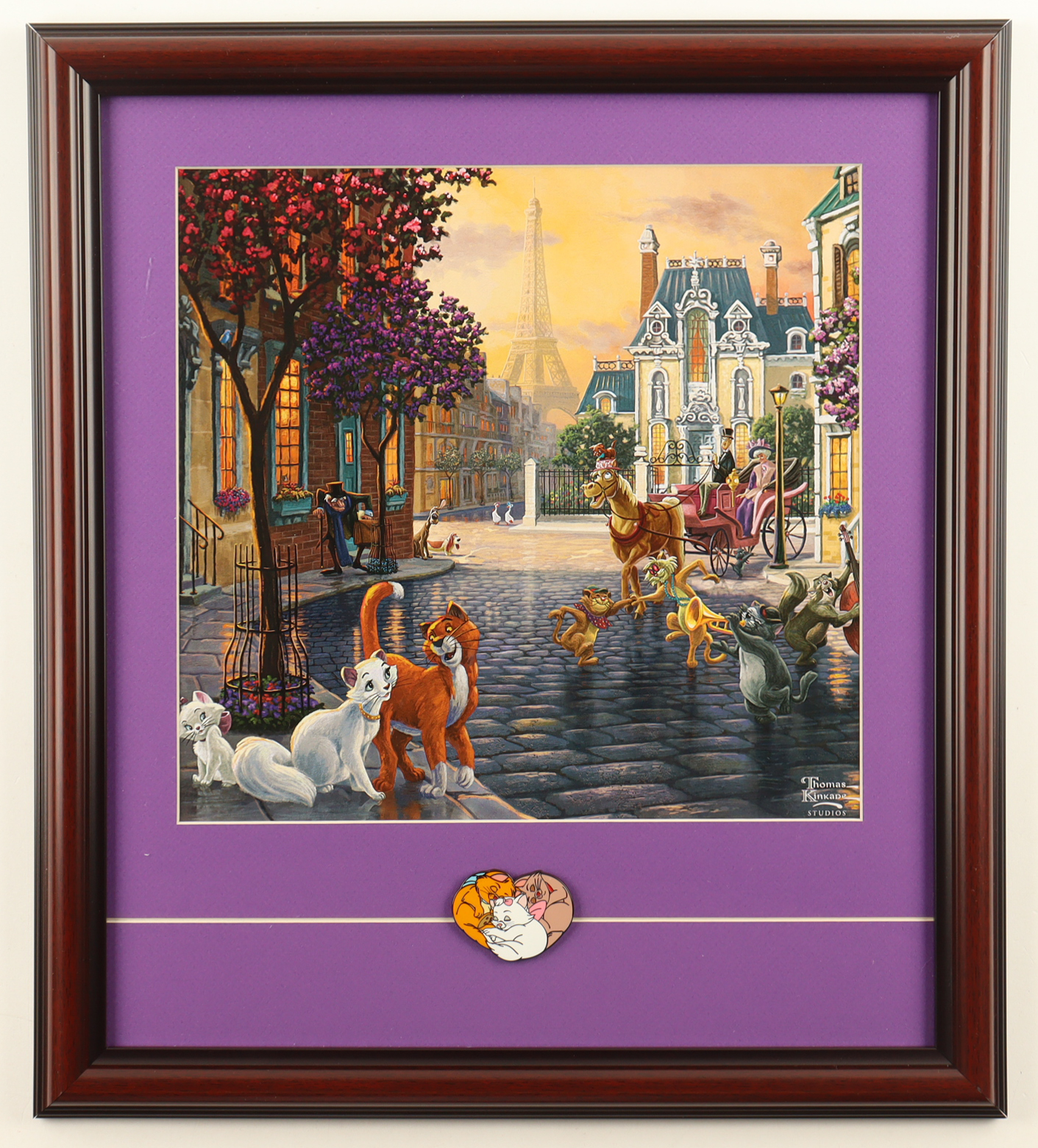 Thomas Kinkade "The Aristocats" Custom Framed Print Display with Dutchess & Kittens Character Pin at PristineAuction.com Thomas Kinkade "The Aristocats" Custom Framed Print Display with Dutchess & Kittens Character Pin at PristineAuction.com