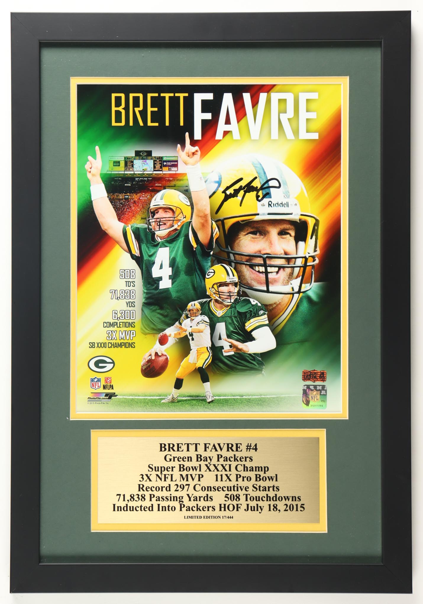 Brett Favre Signed LE Packers Custom Framed Photo Display With Stat Plaque (Favre) at PristineAuction.com Brett Favre Signed LE Packers Custom Framed Photo Display With Stat Plaque (Favre) at PristineAuction.com