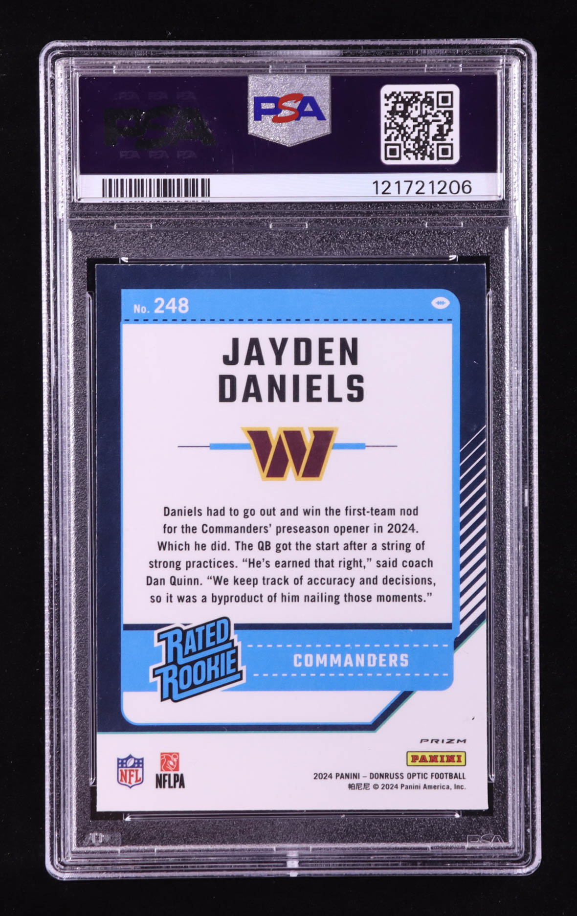 Jayden Daniels 2024 Donruss Optic Purple Shock #248 RR RC (PSA 10) at PristineAuction.com Jayden Daniels 2024 Donruss Optic Purple Shock #248 RR RC (PSA 10) at PristineAuction.com