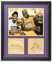 Kobe Bryant & Shaquille O'Neal Signed Lakers Custom Framed (2) Court Piece Display (2x JSA) at PristineAuction.com