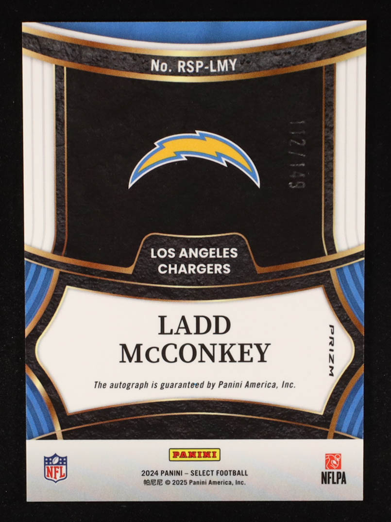 Ladd McConkey 2024 Panini Select Signatures Blue Prizm Autograph #RSPLMY RC #112/149 at PristineAuction.com Ladd McConkey 2024 Panini Select Signatures Blue Prizm Autograph #RSPLMY RC #112/149 at PristineAuction.com