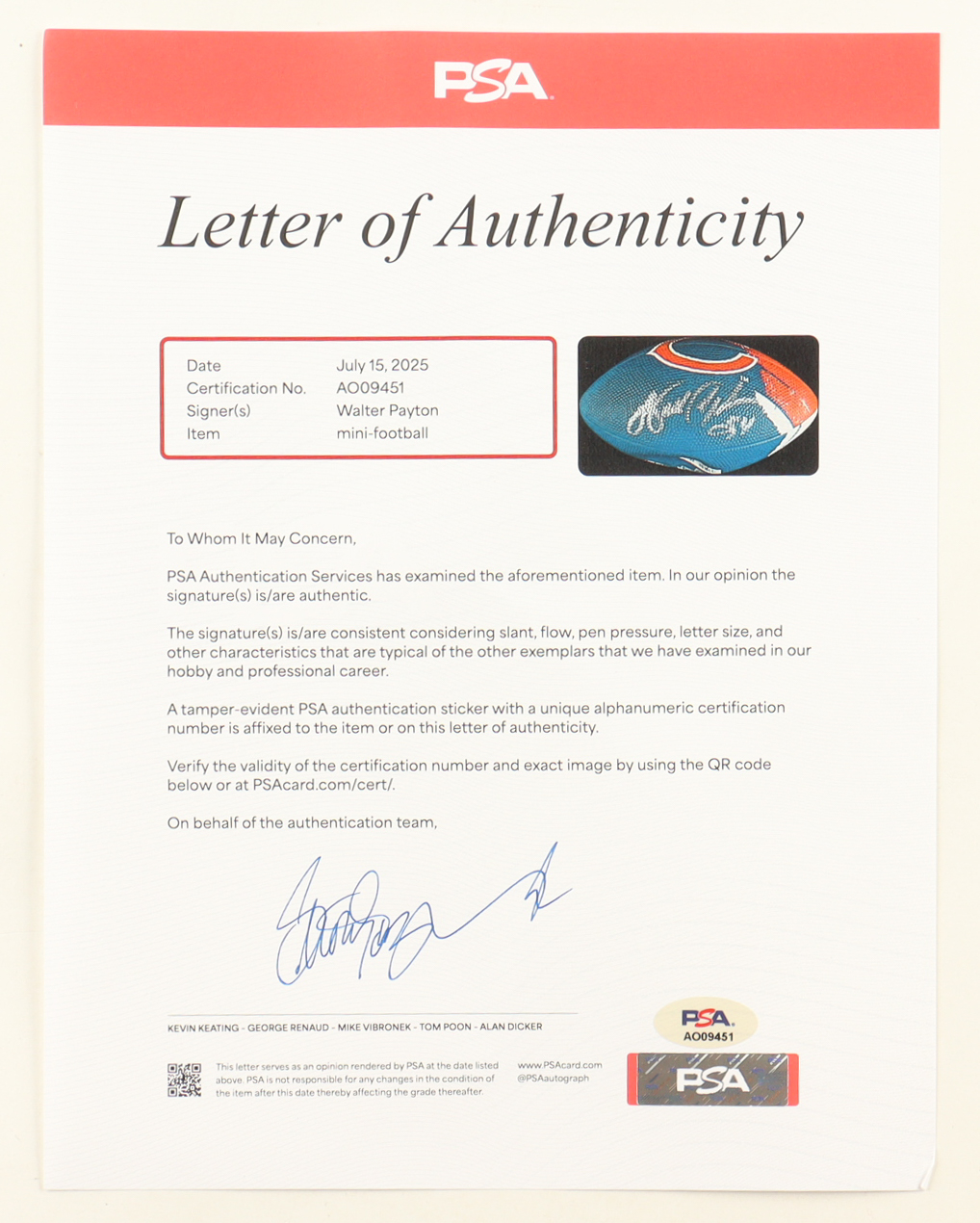 Walter Payton Signed Bears Logo Mini Football (PSA) at PristineAuction.com Walter Payton Signed Bears Logo Mini Football (PSA) at PristineAuction.com