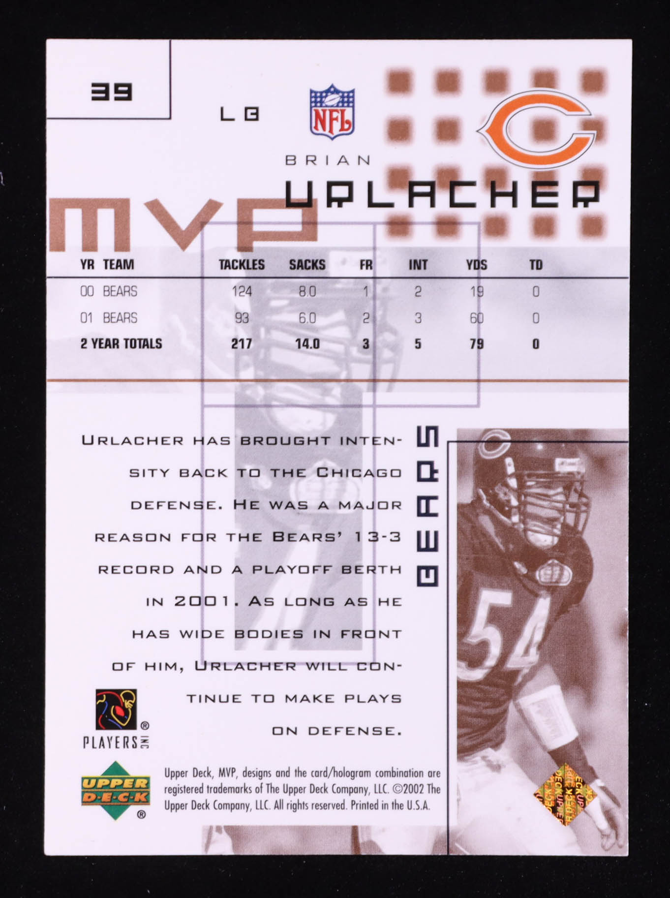 Brian Urlacher 2002 Upper Deck MVP #39 at PristineAuction.com Brian Urlacher 2002 Upper Deck MVP #39 at PristineAuction.com