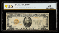 1928 U.S. $20 Gold Certificate - Fr# 2402 Plate #K9/98 (AA Block) Woods | Mellon (PCGS Very Fine 20) at PristineAuction.com