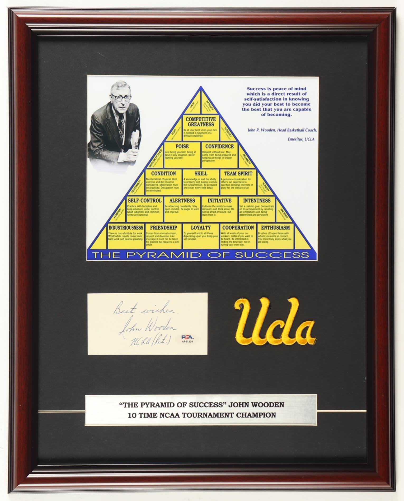 John Wooden Signed Custom Framed "Pyramid of Success" Cut Display (PSA) at PristineAuction.com John Wooden Signed Custom Framed "Pyramid of Success" Cut Display (PSA) at PristineAuction.com