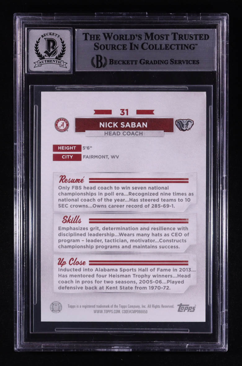 Nick Saban Signed 2023 Bowman University Alabama #31 (Beckett | Auto Grade 10) at PristineAuction.com Nick Saban Signed 2023 Bowman University Alabama #31 (Beckett | Auto Grade 10) at PristineAuction.com