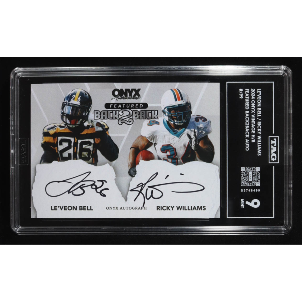Le'Veon Bell/Ricky Williams 2024 Onyx Vintage H/B Featured Back2Back Auto #1/99 (TAG 9) at PristineAuction.com