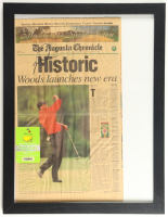 Tiger Woods Signed Custom Framed 1997 Original "The Augusta Chronicle" Newspaper Display with Masters Tournament Practice Round Ticket (JSA) at PristineAuction.com