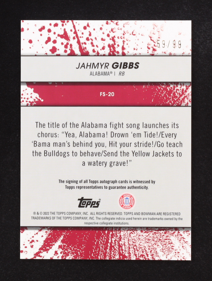 Jahmyr Gibbs 2022 Bowman's Best University Fight Song Autographs #FS20 RC #59/99 at PristineAuction.com Jahmyr Gibbs 2022 Bowman's Best University Fight Song Autographs #FS20 RC #59/99 at PristineAuction.com