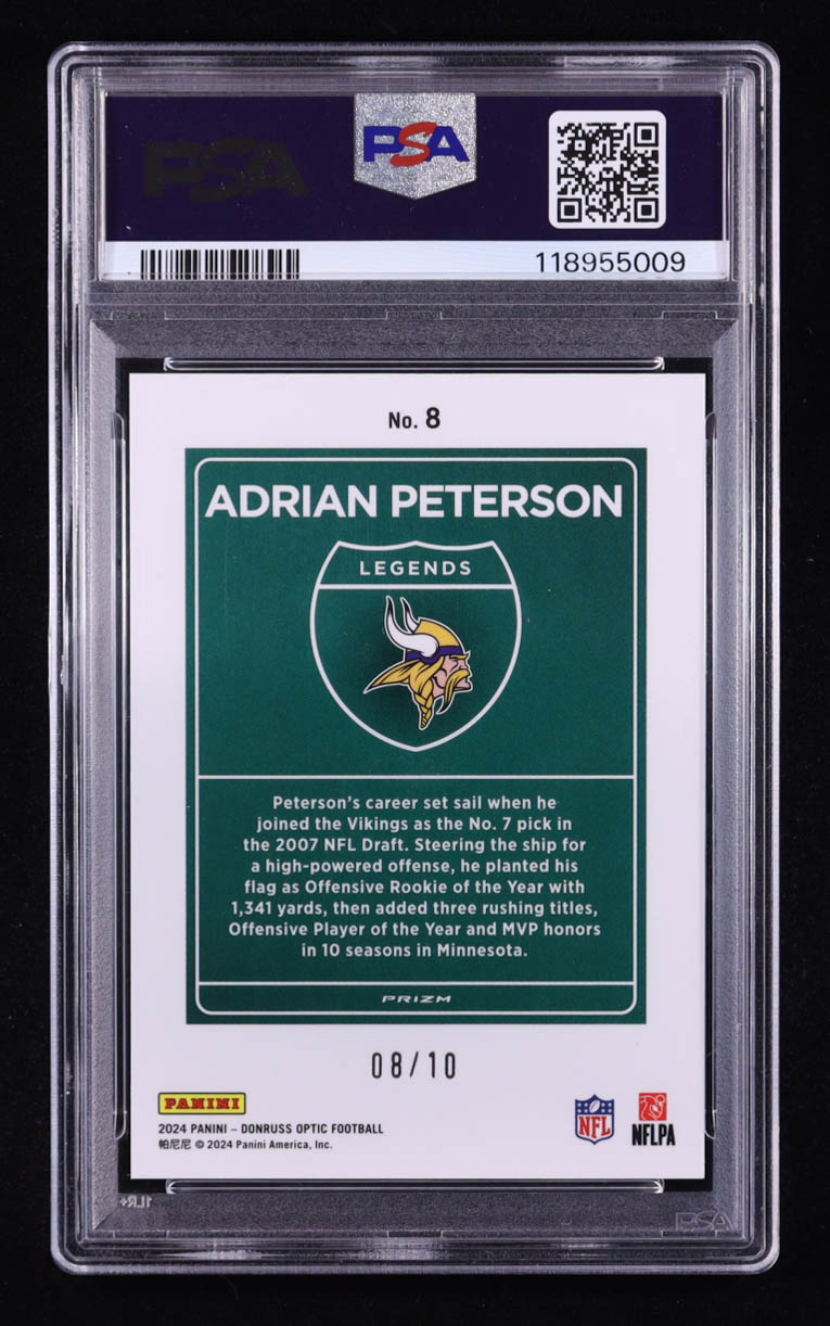 Adrian Peterson 2024 Donruss Optic Downtown Legends Gold #8 #08/10 (PSA 9) at PristineAuction.com Adrian Peterson 2024 Donruss Optic Downtown Legends Gold #8 #08/10 (PSA 9) at PristineAuction.com