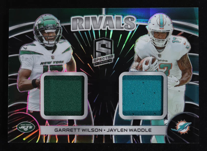 Garrett Wilson / Jaylen Waddle 2023 Panini Spectra Rivals Materials Hyper #15 #55/75 at PristineAuction.com Garrett Wilson / Jaylen Waddle 2023 Panini Spectra Rivals Materials Hyper #15 #55/75 at PristineAuction.com