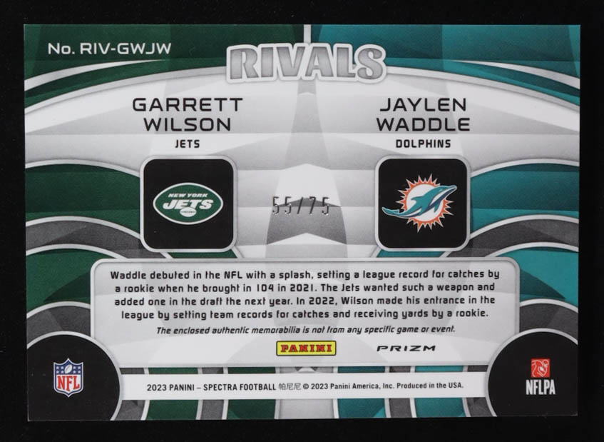 Garrett Wilson / Jaylen Waddle 2023 Panini Spectra Rivals Materials Hyper #15 #55/75 at PristineAuction.com Garrett Wilson / Jaylen Waddle 2023 Panini Spectra Rivals Materials Hyper #15 #55/75 at PristineAuction.com