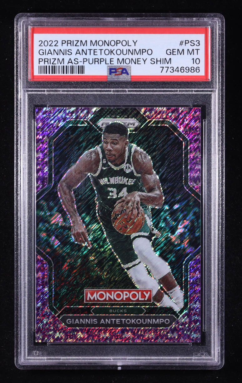 Giannis Antetokounmpo 2022-23 Panini Prizm Monopoly All-Stars Purple Money Shimmer #PS3 #16/50 (PSA 10) at PristineAuction.com Giannis Antetokounmpo 2022-23 Panini Prizm Monopoly All-Stars Purple Money Shimmer #PS3 #16/50 (PSA 10) at PristineAuction.com