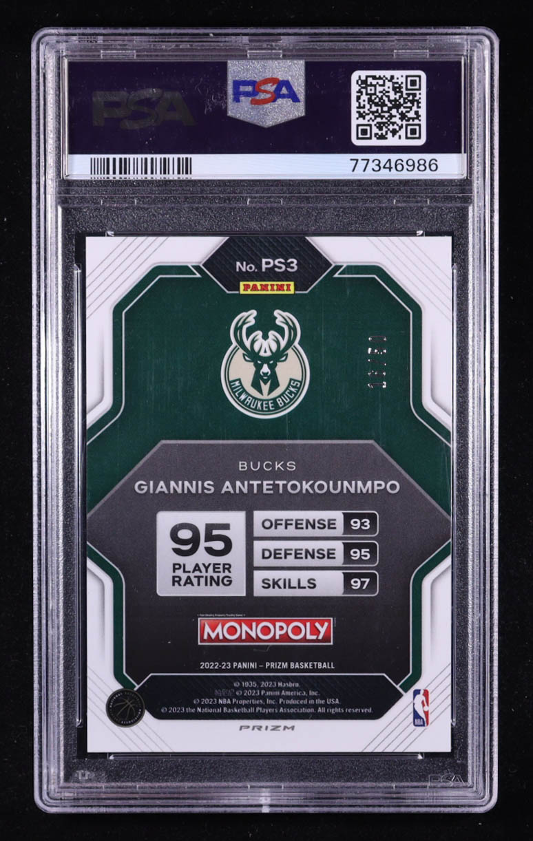 Giannis Antetokounmpo 2022-23 Panini Prizm Monopoly All-Stars Purple Money Shimmer #PS3 #16/50 (PSA 10) at PristineAuction.com Giannis Antetokounmpo 2022-23 Panini Prizm Monopoly All-Stars Purple Money Shimmer #PS3 #16/50 (PSA 10) at PristineAuction.com