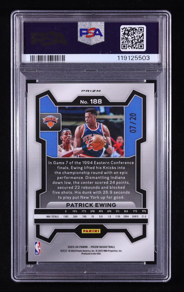Patrick Ewing 2023-24 Panini Prizm Prizms Fast Break Bronze #188 #07/20 (PSA 10) at PristineAuction.com Patrick Ewing 2023-24 Panini Prizm Prizms Fast Break Bronze #188 #07/20 (PSA 10) at PristineAuction.com