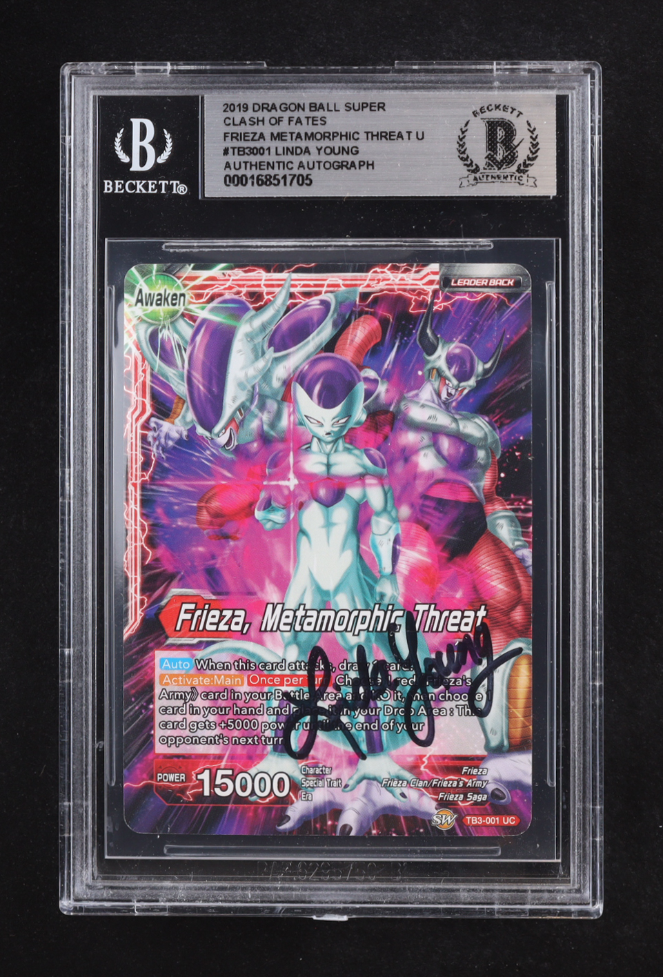 Linda Young Signed 2019 Dragonball Super Clash Of Fates #TB3001 Frieza Metamorphic Threat (BGS Authentic) at PristineAuction.com Linda Young Signed 2019 Dragonball Super Clash Of Fates #TB3001 Frieza Metamorphic Threat (BGS Authentic) at PristineAuction.com