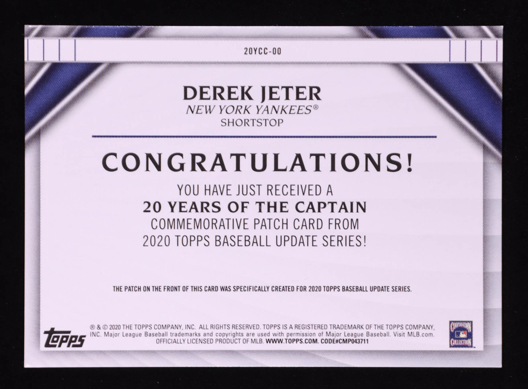 Derek Jeter 2020 Topps Update 20 Years of The Captain Commemorative Patches #20YCC00 at PristineAuction.com Derek Jeter 2020 Topps Update 20 Years of The Captain Commemorative Patches #20YCC00 at PristineAuction.com