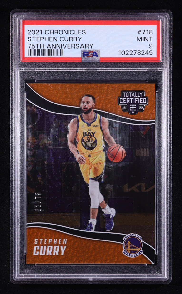 Stephen Curry 2021-22 Panini Chronicles 75th Anniversary #718 / Totally Certified #62/75 (PSA 9) at PristineAuction.com Stephen Curry 2021-22 Panini Chronicles 75th Anniversary #718 / Totally Certified #62/75 (PSA 9) at PristineAuction.com