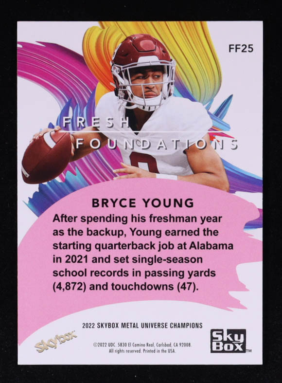 Bryce Young 2022 Skybox Metal Universe Champions Fresh Foundation #FF25 RC at PristineAuction.com Bryce Young 2022 Skybox Metal Universe Champions Fresh Foundation #FF25 RC at PristineAuction.com