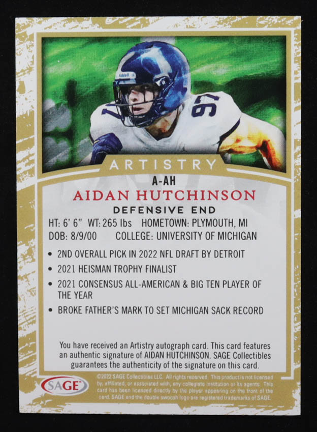 Aidan Hutchinson 2022 SAGE Artistry Autographs Red #AAH RC at PristineAuction.com Aidan Hutchinson 2022 SAGE Artistry Autographs Red #AAH RC at PristineAuction.com