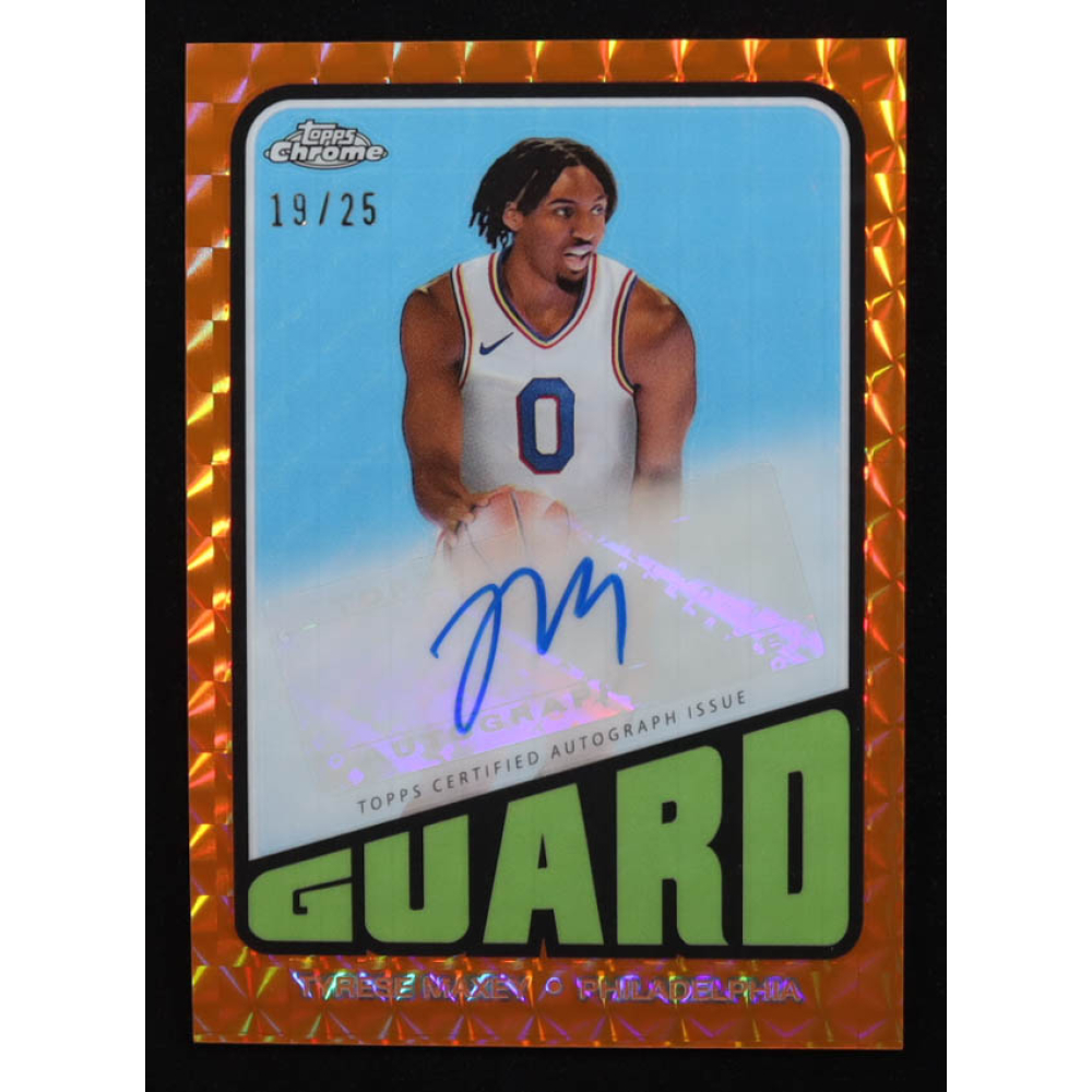 Tyrese Maxey 2024-25 Topps Chrome Autographs Orange Geometric Refractors #TCATM #19/25 at PristineAuction.com