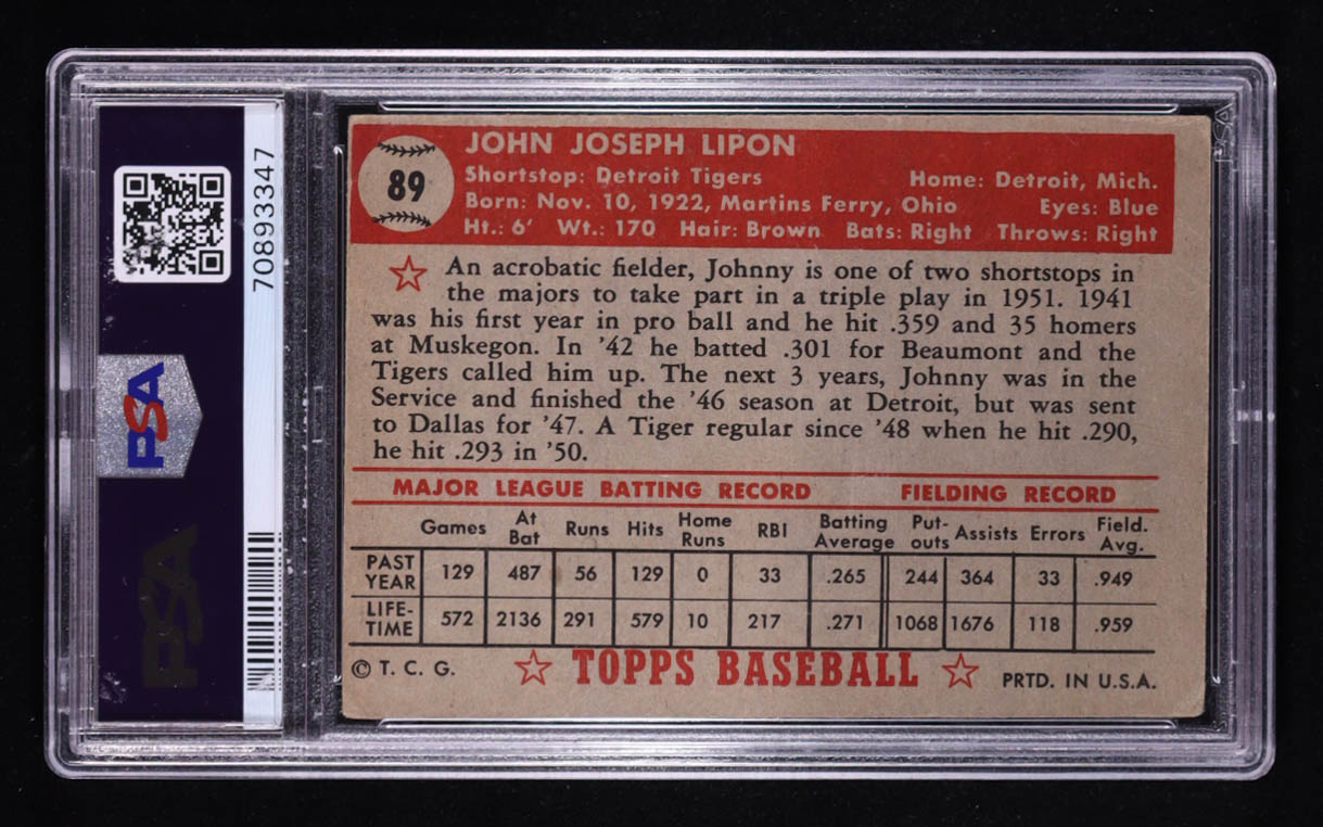 Johnny Lipon 1952 Topps #89 (PSA 2) at PristineAuction.com Johnny Lipon 1952 Topps #89 (PSA 2) at PristineAuction.com