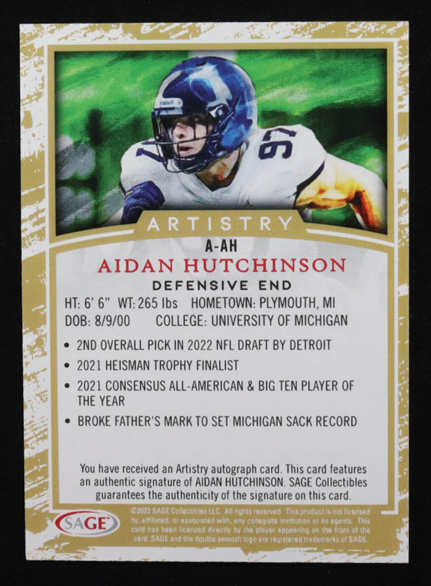 Aidan Hutchinson 2022 SAGE Artistry Autographs Green #AAH RC at PristineAuction.com Aidan Hutchinson 2022 SAGE Artistry Autographs Green #AAH RC at PristineAuction.com