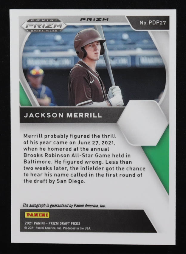 Jackson Merrill 2021 Panini Prizm Draft Picks Auto Refractor #27 RC at PristineAuction.com Jackson Merrill 2021 Panini Prizm Draft Picks Auto Refractor #27 RC at PristineAuction.com