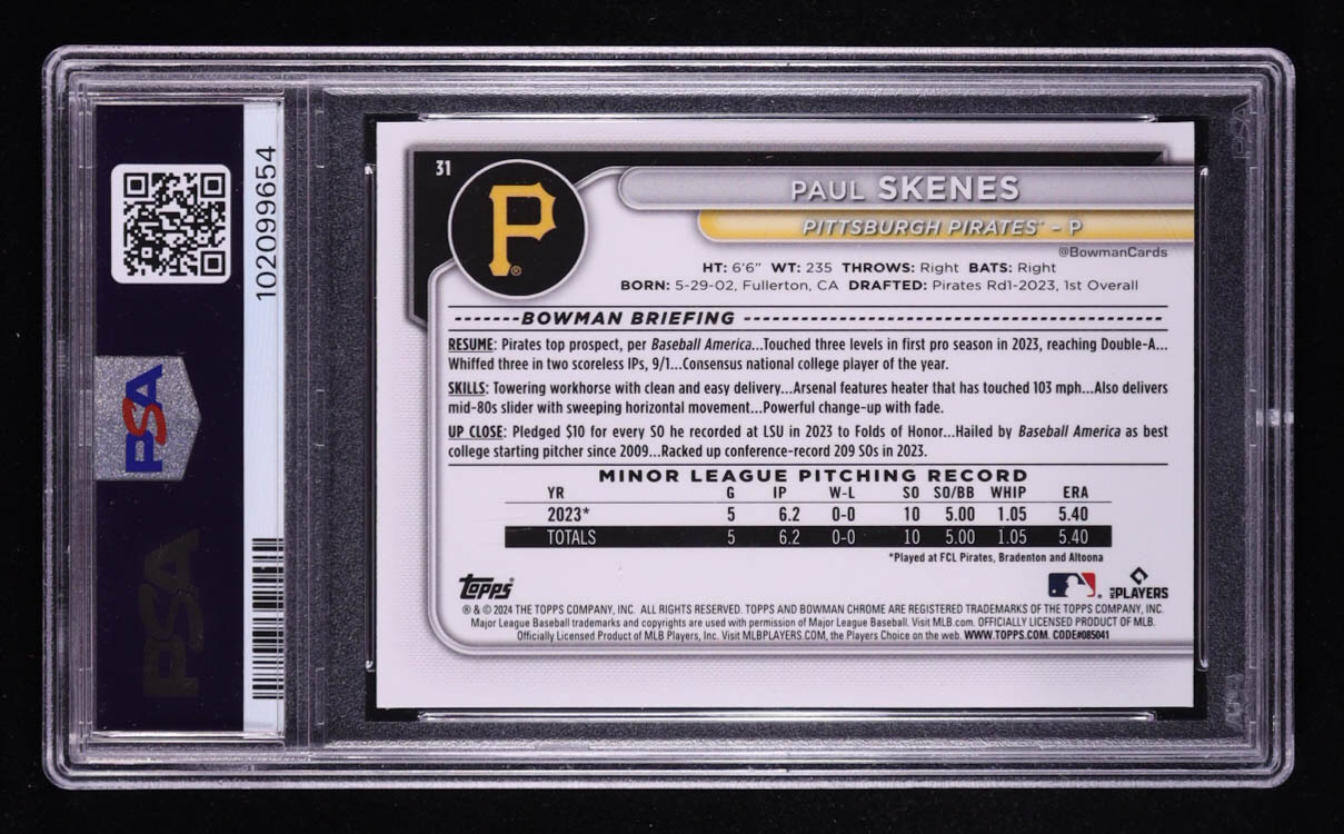 Paul Skenes 2024 Bowman Chrome #31 RC (PSA 9) at PristineAuction.com Paul Skenes 2024 Bowman Chrome #31 RC (PSA 9) at PristineAuction.com