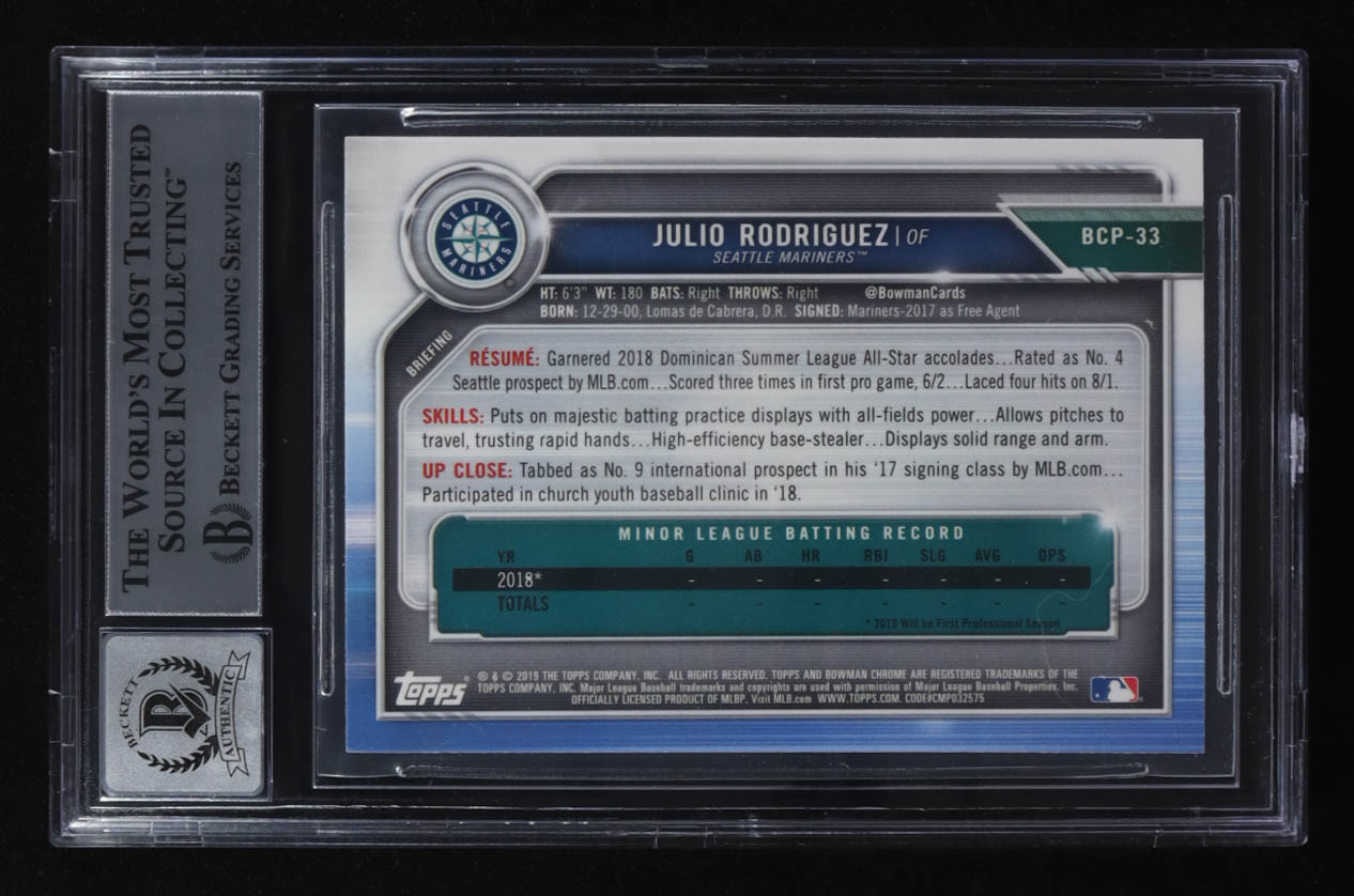 Julio Rodriguez Signed 2019 Bowman Chrome Prospects #BCP33 RC (BGS | Auto 10) at PristineAuction.com Julio Rodriguez Signed 2019 Bowman Chrome Prospects #BCP33 RC (BGS | Auto 10) at PristineAuction.com