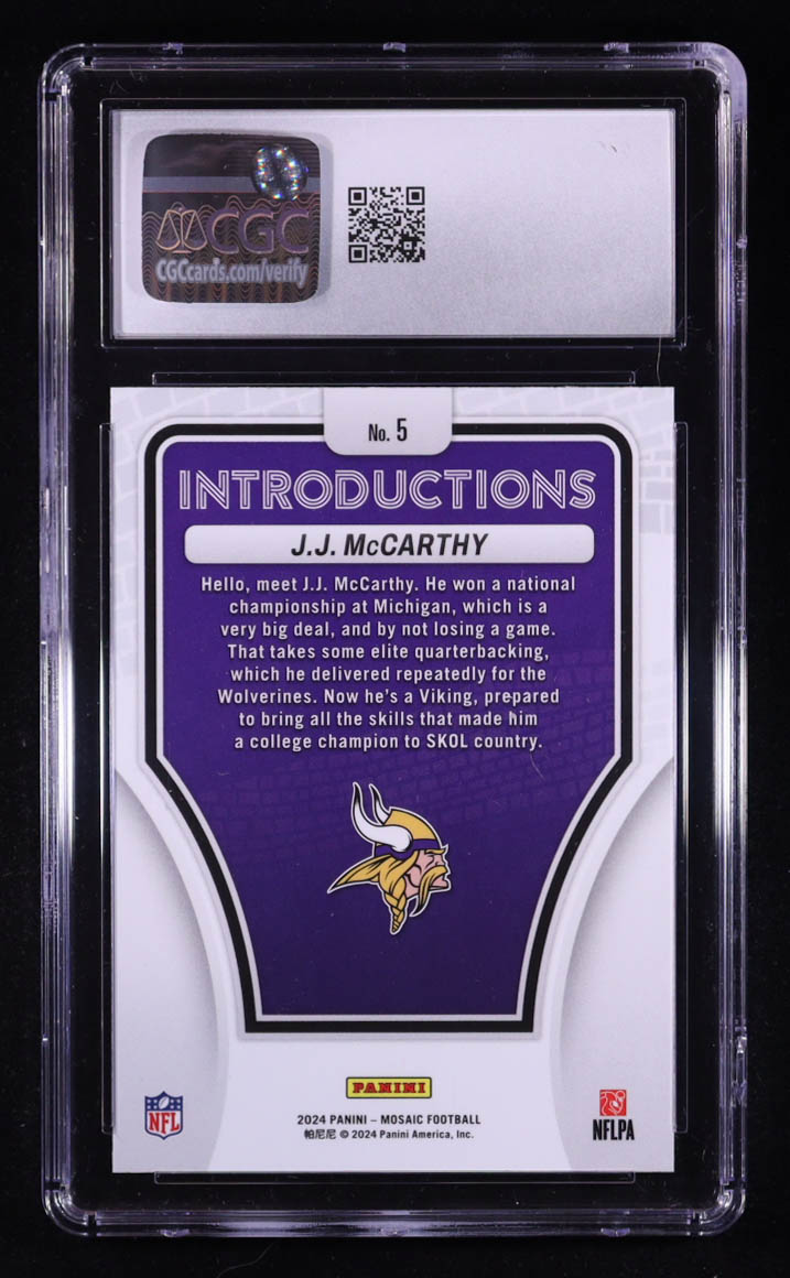 J.J. McCarthy 2024 Panini Mosaic Introductions #5 RC (CGC 9) at PristineAuction.com J.J. McCarthy 2024 Panini Mosaic Introductions #5 RC (CGC 9) at PristineAuction.com