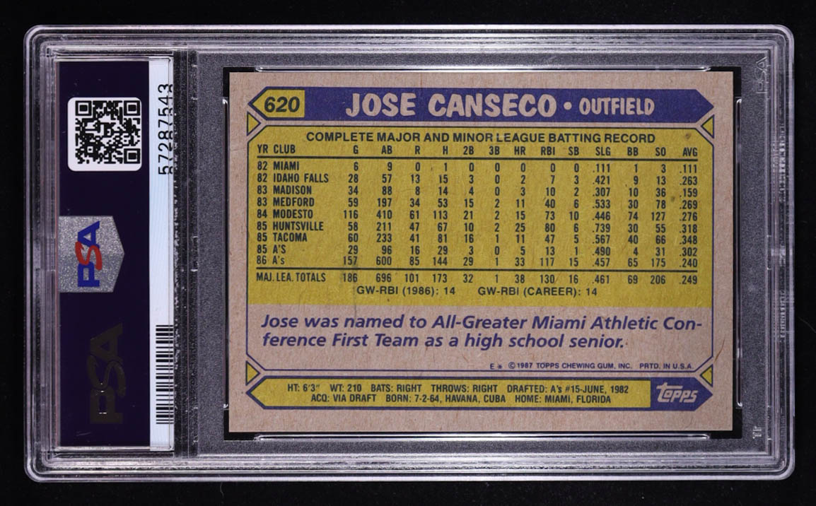 Jose Canseco 1987 Topps #620  (PSA 9) at PristineAuction.com Jose Canseco 1987 Topps #620  (PSA 9) at PristineAuction.com
