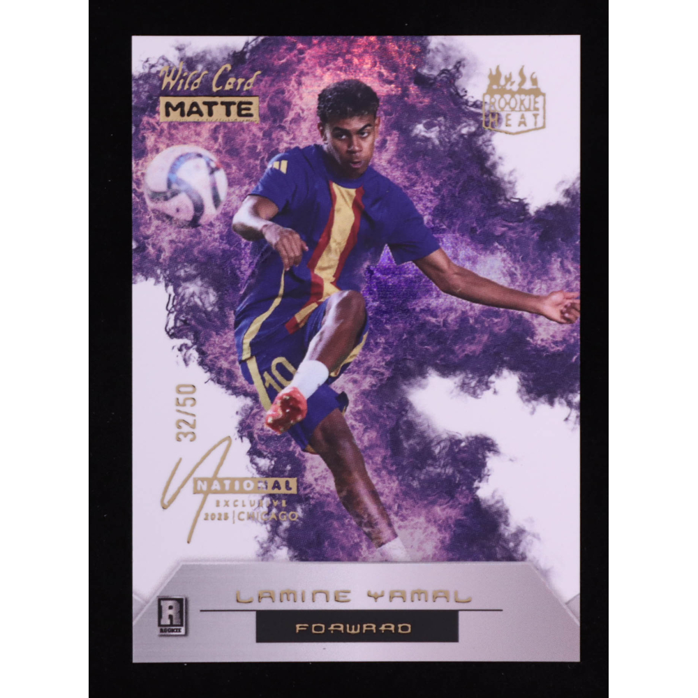 Lamine Yamal 2024 Wild Card Matte White Rookie Heat '25 National Convention Exclusive Purple #RH-LY #32/50 RC at PristineAuction.com