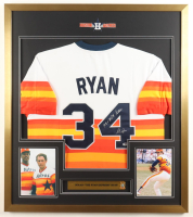Nolan Ryan Signed Custom Framed Jersey Display with HOF Induction Pin & Vintage Astros Cloth Patch Inscribed "108.5 MPH Fastball" (PSA) at PristineAuction.com