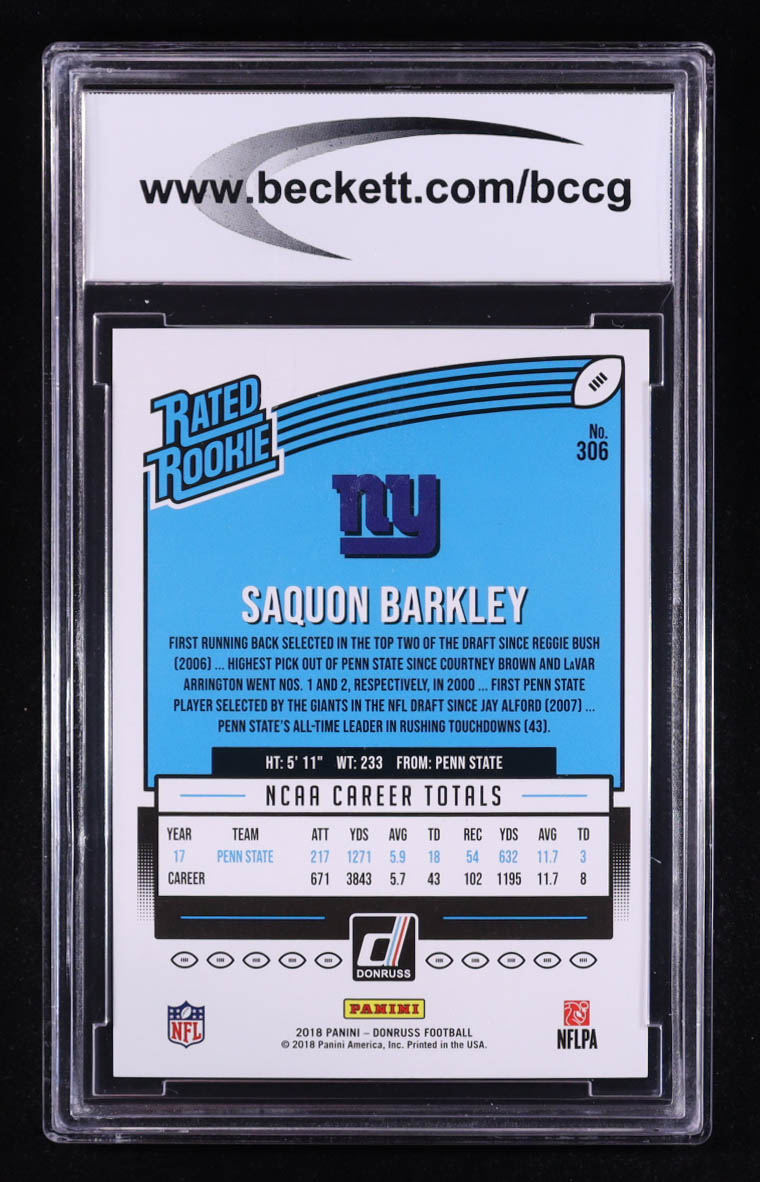 Saquon Barkley 2018 Donruss #306 RR RC (BCCG 10) at PristineAuction.com Saquon Barkley 2018 Donruss #306 RR RC (BCCG 10) at PristineAuction.com