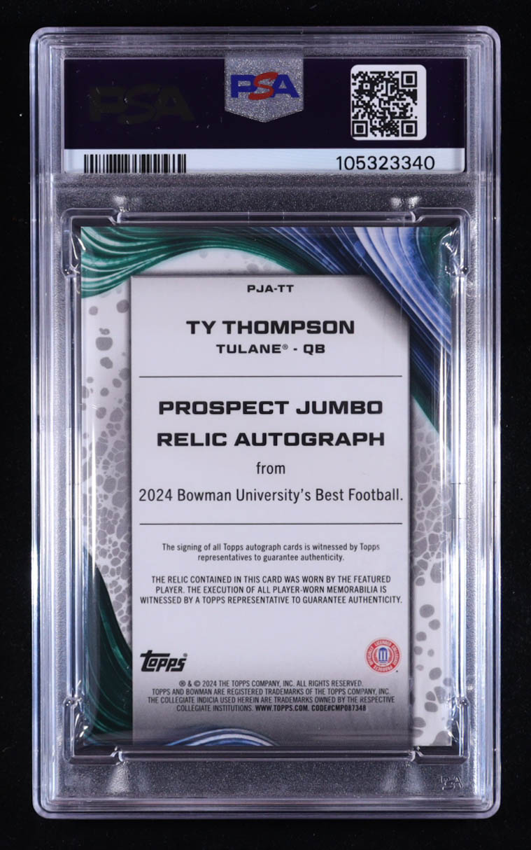 Ty Thompson 2024 Bowman Best University Prospect Jumbo Relic Autograph #TT (PSA 10) at PristineAuction.com Ty Thompson 2024 Bowman Best University Prospect Jumbo Relic Autograph #TT (PSA 10) at PristineAuction.com