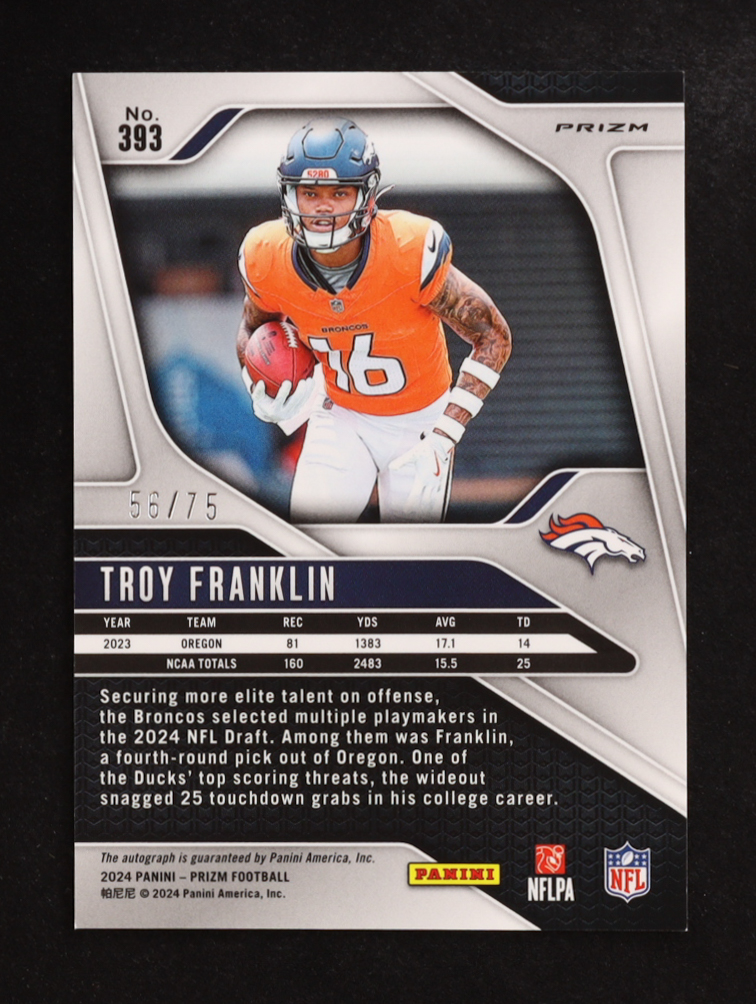 Troy Franklin 2024 Panini Prizm Autographs Prizms Green Scope #393 RC #56/75 at PristineAuction.com Troy Franklin 2024 Panini Prizm Autographs Prizms Green Scope #393 RC #56/75 at PristineAuction.com