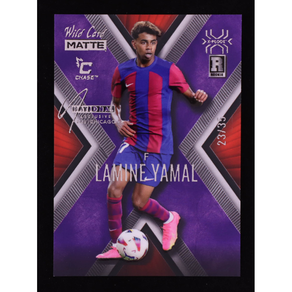 Lamine Yamal 2024 Wild Card Matte Red X-Plode '25 National Convention Exclusive Silver Chase Purple #MXP-LY #23/35 RC at PristineAuction.com