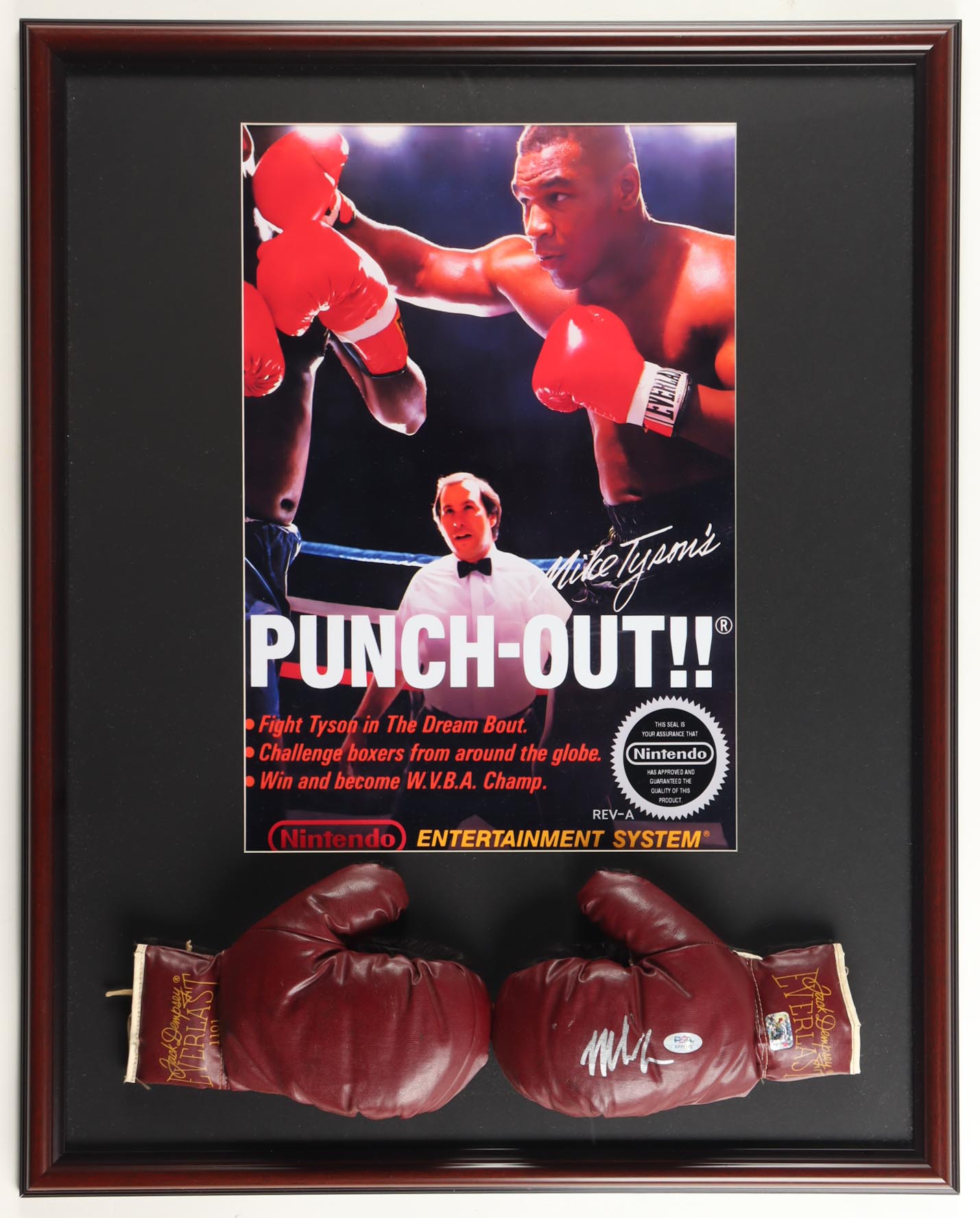 Mike Tyson Signed Custom Framed Vintage Jack Dempsey Model Set of (2) Boxing Gloves with Photo (Tyson & PSA) at PristineAuction.com Mike Tyson Signed Custom Framed Vintage Jack Dempsey Model Set of (2) Boxing Gloves with Photo (Tyson & PSA) at PristineAuction.com