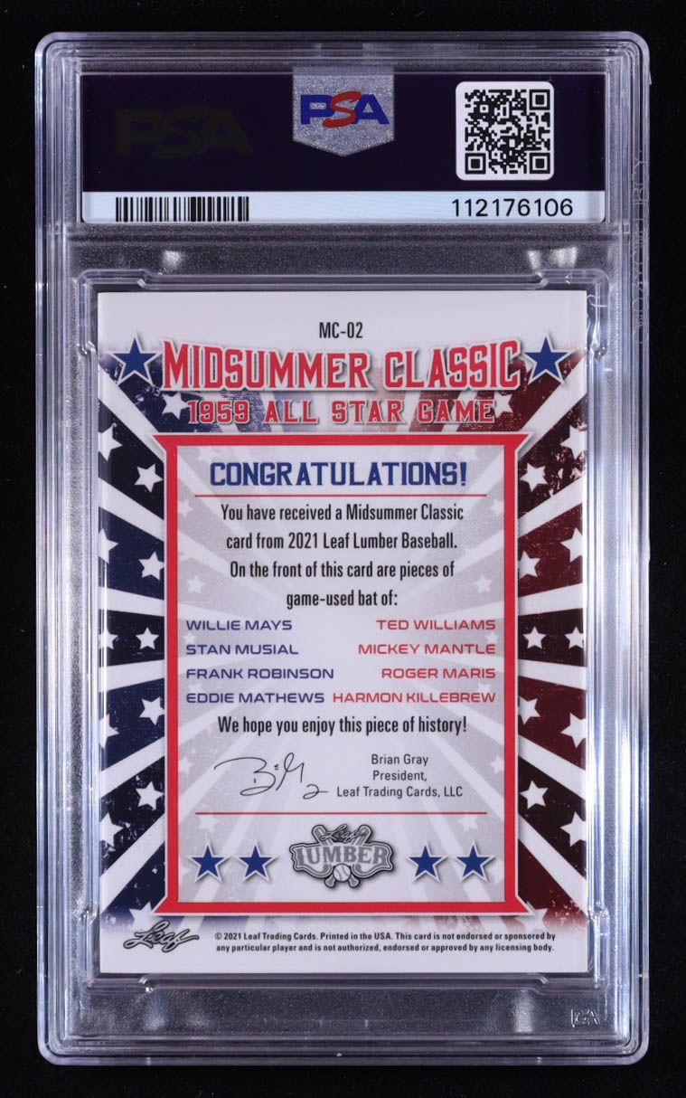 Leaf 2021 Lumber M Summer Multiplayer Classic Relics Pewter #MC02 #1/4 (PSA 8) Willie Mays/ Stan Musial/ Frank Robinson / Eddie Mathews/ Ted Williams/ Mickey Mantle/ Roger Maris/ Harmon Killebrew at PristineAuction.com Leaf 2021 Lumber M Summer Multiplayer Classic Relics Pewter #MC02 #1/4 (PSA 8) Willie Mays/ Stan Musial/ Frank Robinson / Eddie Mathews/ Ted Williams/ Mickey Mantle/ Roger Maris/ Harmon Killebrew at PristineAuction.com