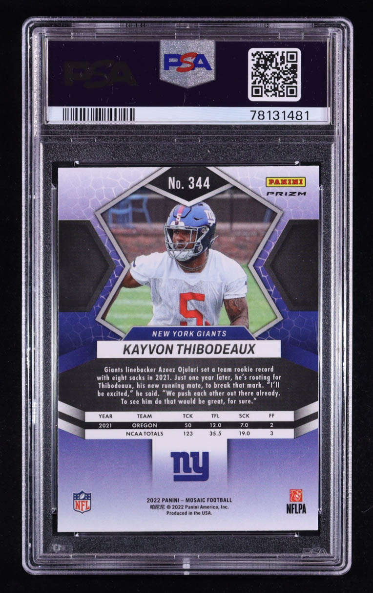 Kayvon Thibodeaux 2022 Panini Mosaic Blue Sparkle #344 RC (PSA 9) at PristineAuction.com Kayvon Thibodeaux 2022 Panini Mosaic Blue Sparkle #344 RC (PSA 9) at PristineAuction.com