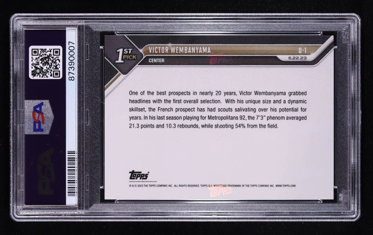 Victor Wembanyama 2023 Topps Now Draft #D1 RC (PSA 10) at PristineAuction.com Victor Wembanyama 2023 Topps Now Draft #D1 RC (PSA 10) at PristineAuction.com