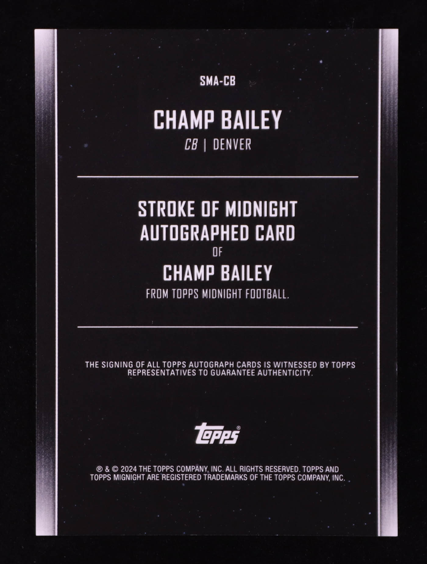 Champ Bailey 2024 Topps Midnight Stroke of Midnight Autographs Twilight #SMA-CB #71/99 at PristineAuction.com Champ Bailey 2024 Topps Midnight Stroke of Midnight Autographs Twilight #SMA-CB #71/99 at PristineAuction.com