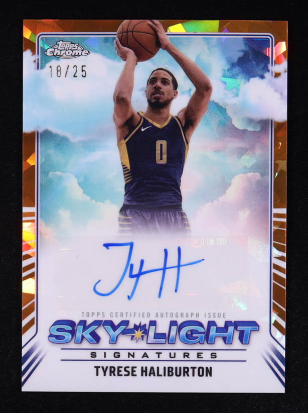 Tyrese Haliburton 2024-25 Topps Chrome Sky-Light Signatures Orange Geometric Refractors #SLSTHA #18/25 at PristineAuction.com Tyrese Haliburton 2024-25 Topps Chrome Sky-Light Signatures Orange Geometric Refractors #SLSTHA #18/25 at PristineAuction.com